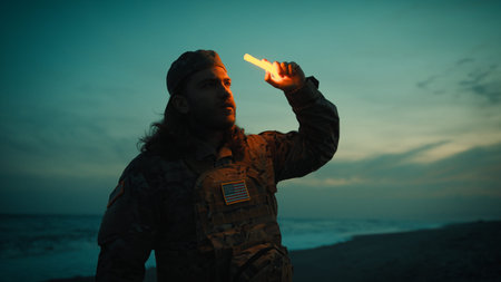 Lighting a chemical light by an American soldier at night on a beach near ocean