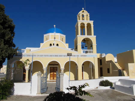 Typical church with bell tower on Santorini islandの写真素材
