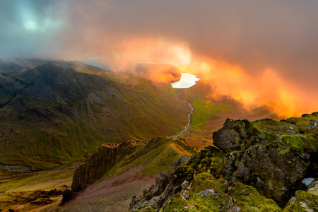 Dramatic Sunset In The English Lake District Mountains With Wastwater Lake In The Distance.の写真素材