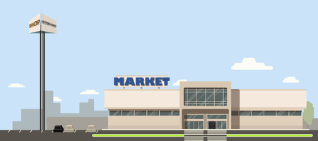 Mall or supermarket or hypermarket building in the city with advertising pillar in flat designのイラスト素材