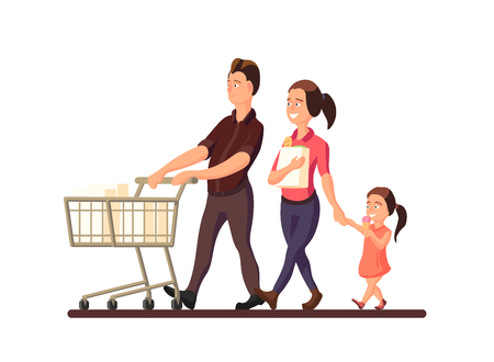 A vector illustration of family going to the market. Characters of smiling members of family: mother, father and child on white background.のイラスト素材