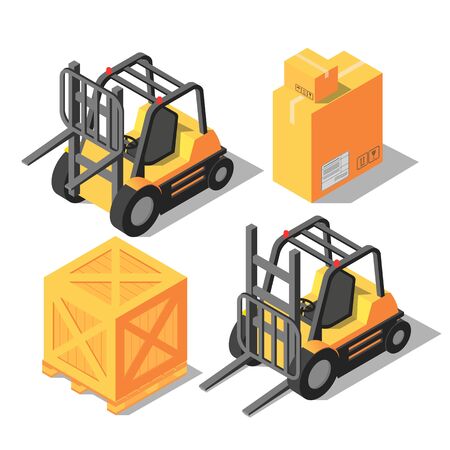 Isometric forklift and storage boxes. 3D flat vector illustration.のイラスト素材