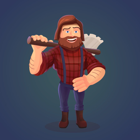 Vector illustration of standing lumberjack with axe. A cartoon character of happy feller with beard in red shirt and tailors.のイラスト素材