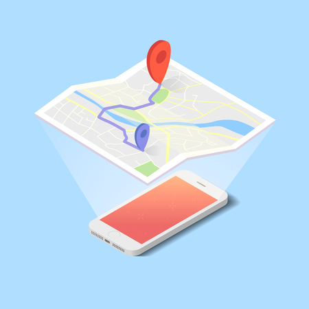 Vector hologram of map with navigation on the smartphone in flat designのイラスト素材