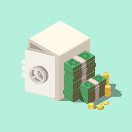 Isometric bank safe with money dollar stacks. 3D flat vector illustration.のイラスト素材