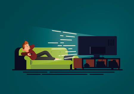 An illustration in flat design of a man lying on the couch who watches TV. Sofa and television set in dark room on the blue background. Vector conceptのイラスト素材