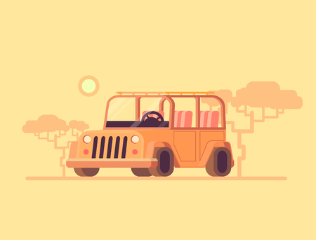 Safari jeep. Vector flat illustration off road car. Safari tourism in a car. Conceptのイラスト素材