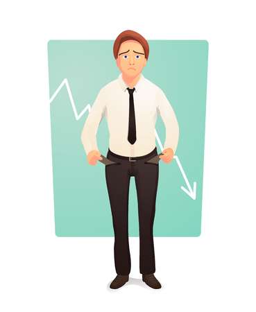 Businessman showing his empty pants pockets. Bankrupt turning empty pockets inside out. Vector illustration.のイラスト素材