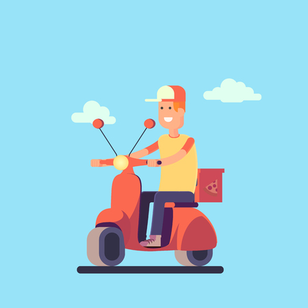 Pizza delivery concept. Delivery man in the bike. Vector illustration in flat style.のイラスト素材