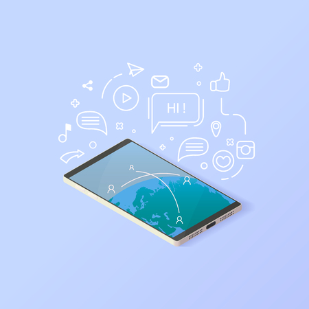 Isometric electron device social media concept in Vector flat 3d illustrationのイラスト素材