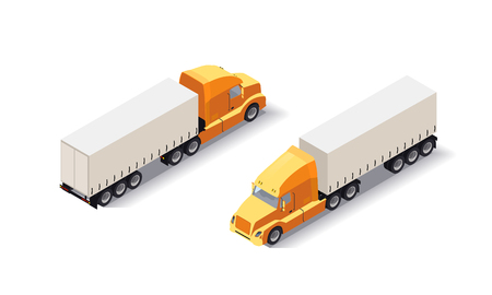 Isometric Truck trailer with goods. Cargo delivering vehicle on white background. Fast shipping tranport. Flat style illustrationのイラスト素材
