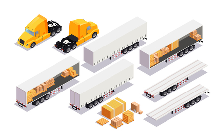 Set element cargo transport. Flat 3d isometric high quality city transport. cargo truck, trailerのイラスト素材