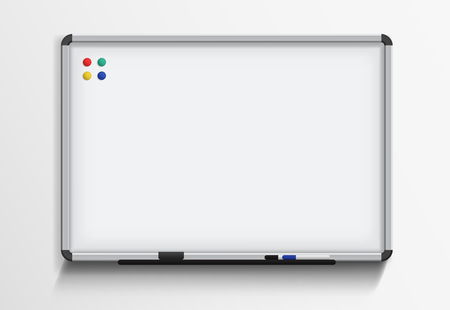 Whiteboard with marker and magnets. Vector realistic template on white backgroundのイラスト素材