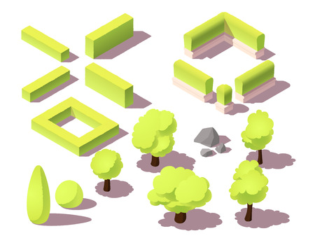 Isometric set of trees and hedges for city map. Park plants, bush, urban landscape, small rocksのイラスト素材