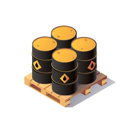 Vector set barrels isometric on wooden pallet. Isolated set of oil barrels icons. Flat 3d isometric illustration.のイラスト素材