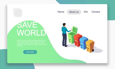 Isometric waste and garbage sorting web page template with trash bins. Colorful 3D flat vector banner. Ecology concept: environment pollution reduce.のイラスト素材
