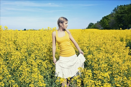 Young business woman relaxing on golden meadowの写真素材