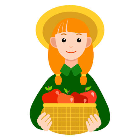Gardener girl with a basket of apples. Ginger girl in green shirt with yellow hat holds red apples. Vector isolated illustration for print, decor, magazine, sticker, poster, card.のイラスト素材