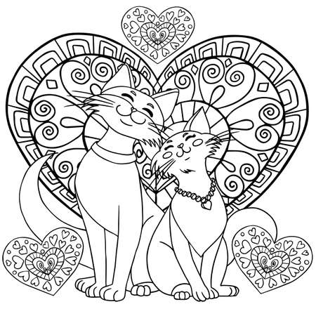 Lovely cats with hearts. Anti stress freehand sketch with doodle and zentagle elements. Vector illustration for coloring book, print, tatoo.のイラスト素材