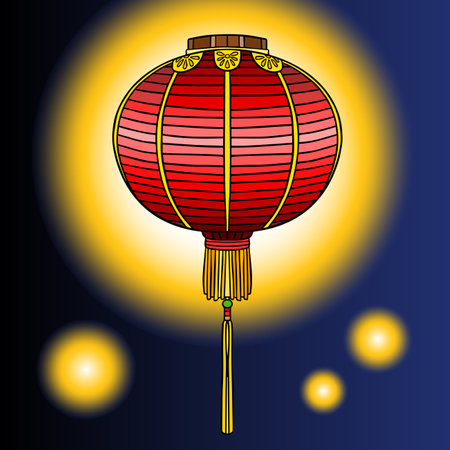 Red chinese lantern with light. Vector color illustration. Traditional decor for greeting new year.のイラスト素材