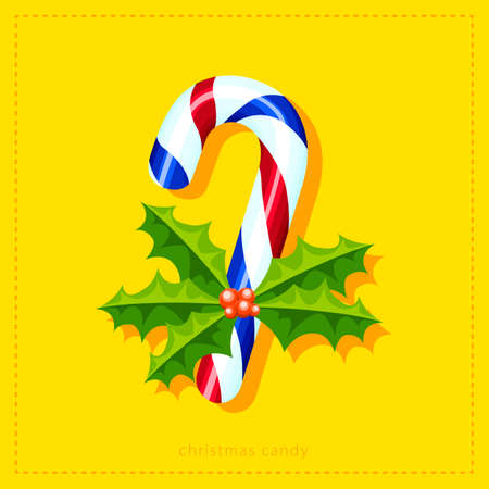 Christmas candy cane with holly berry. Vector holiday illustration of red and blue sweet. Isolated clip-art for greeting card design, print, decoration.のイラスト素材