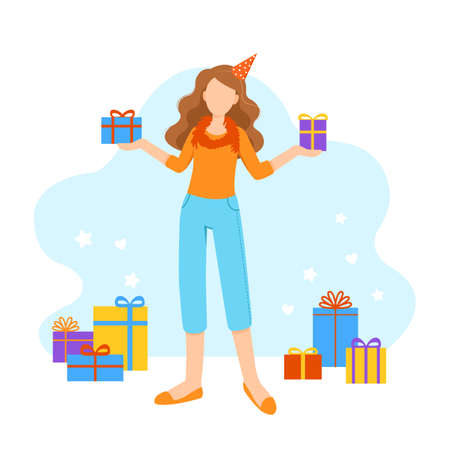 Cartoon woman with presents. Flat illustration of greeting christmas. Happy birthday design consept card with gifts. Vector isolated graphic.のイラスト素材