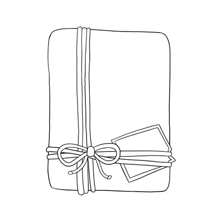 Gift doodle. Vector present line art. Packaging with bow and ribbon isolated on white. Flat lay illustration.のイラスト素材