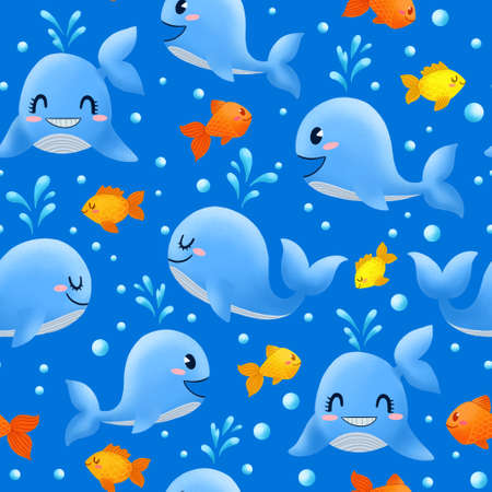 Funny cartoon blue whales with goldfish in ocean with water bubbles. Childish seamless pattern for print, wallpaper, textile, fabric, wrapping paper. Isolated on blue.の写真素材
