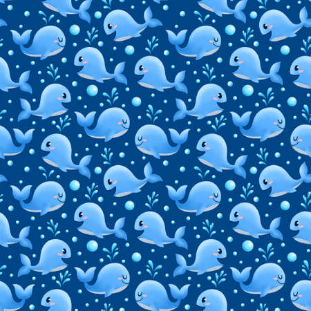Blue whales seamless pattern. Childish illustration for nursery room. Ocean design for wrapping paper, textile, fabric, print. Cartoon whales on blue background.の写真素材