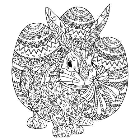 Coloring page rabbit with easter eggs. Vector outline illustration with doodle and zentangle elements for coloring book for adult. Bunny with long ears and decorative elements.のイラスト素材