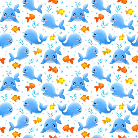 Funny cartoon blue whales with goldfish in ocean with water bubbles. Childish seamless pattern for print, wallpaper, textile, fabric, wrapping paper. Isolated on white.の写真素材