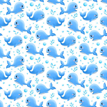 Blue whales seamless pattern. Childish illustration for nursery room. Ocean design for wrapping paper, textile, fabric, print. Cartoon whales on white background.の写真素材