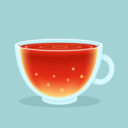 Tea cup with hot beverage. Drink for breakfast with decorative stars for dreaming. Vector isolated illustration for cafe, restaurant.のイラスト素材