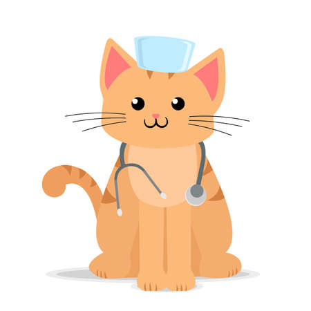Cartoon ginger cat doctor flat illustration. Kitty in medicine hat with stethoscope. Healthcare design concept. Isolated vector.のイラスト素材