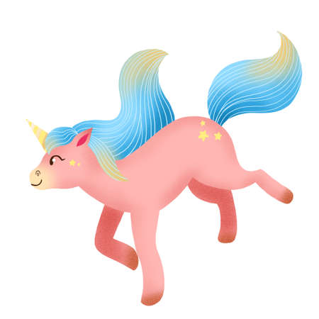 Unicorn illustration isolated on white. Childish cartoon character of funny pony with magical horn.の写真素材