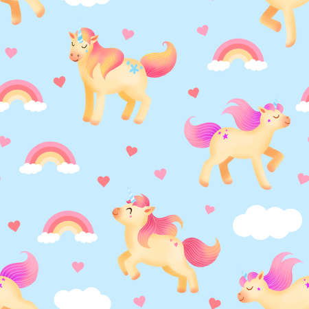 Unicorns seamless pattern with rainbow, hearts and clouds isolated on blue. Cute illustration for kids. Fantasy animals for wrapping paper, wallpaper, textile, fabric, print.の写真素材