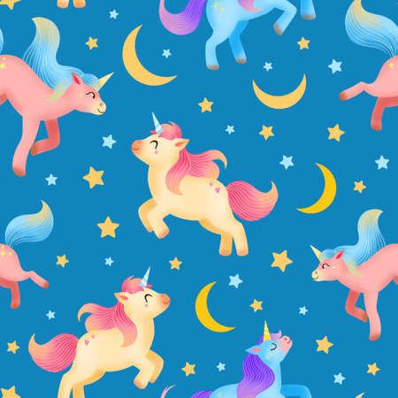 Unicorns seamless pattern on blue background. Cute illustration for kids. Fantasy animals with stars and moon for wrapping paper, wallpaper, textile, fabric, print.の写真素材