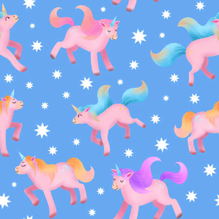 Pink Unicorns seamless pattern on blue background. Cute illustration for kids. Fantasy animals for wrapping paper, wallpaper, textile, fabric, print.の写真素材