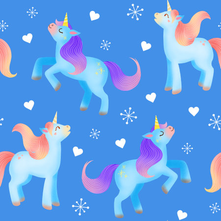 Blue unicorn with hearts seamless pattern isolated on blue. Cute illustration for kids. Fantasy animals for wrapping paper, wallpaper, textile, fabric, print.の写真素材