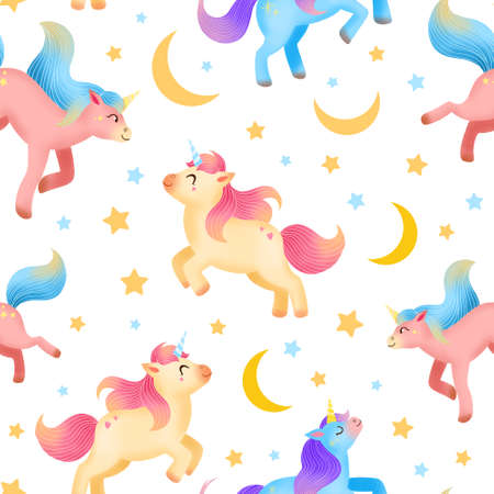 Unicorns seamless pattern with stars and moon isolated on white. Cute illustration for kids. Fantasy animals for wrapping paper, wallpaper, textile, fabric, print.の写真素材