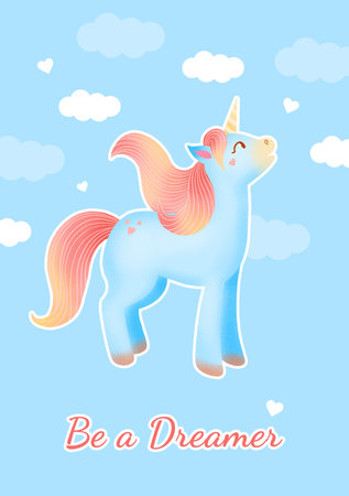 Be a dreamer inspirational greeting card with blue unicorn. Positive text with fantasy animal for present. Poster illustration for print.の写真素材