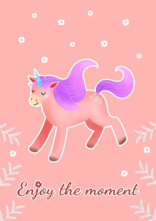 Enjoy the moment with pink unicorn. Positive text with fantasy animal for present and greeting cards. Poster illustration for print.の写真素材
