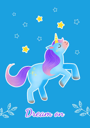 Dream on. Motivational greeting card with unicorn and stars. Positive text with fantasy animal for present. Poster illustration for print.の写真素材