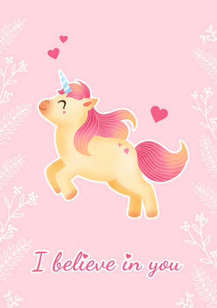 I believe in you greeting card with unicorn on pink background. Positive text with fantasy animal for present. Poster illustration for print.の写真素材