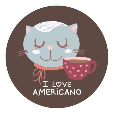 I love americano vector icon. Gray cat with cup of hot coffee isolated art. Funny motivated illustration with animal and drink. Illustration in flat style for postcard, sticker, poster, cafe menu.のイラスト素材
