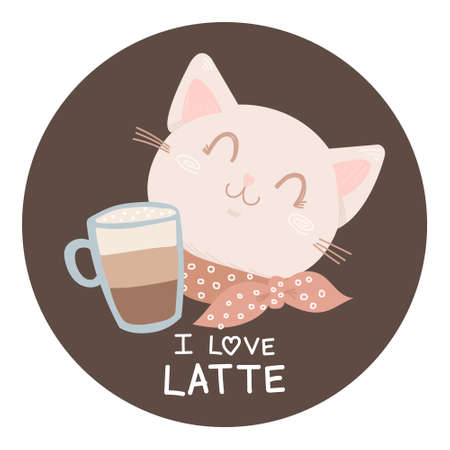 I love latte vector icon. Cat with big cup of coffee isolated art. Funny motivated illustration with animal and drink. Illustration in flat style for postcard, sticker, poster, cafe menu.のイラスト素材
