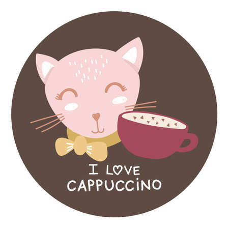 I love cappuccino vector icon. Pink cat with cup of hot coffee isolated art. Funny motivated illustration with animal and drink. Illustration in flat style for postcard, sticker, poster, cafe menu.のイラスト素材