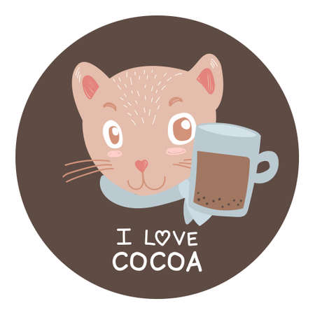 I love cocoa vector icon. Cat with cup of hot drink isolated art. Funny motivated illustration with animal and coffee. Illustration for postcard, sticker, poster, cafe menu.のイラスト素材