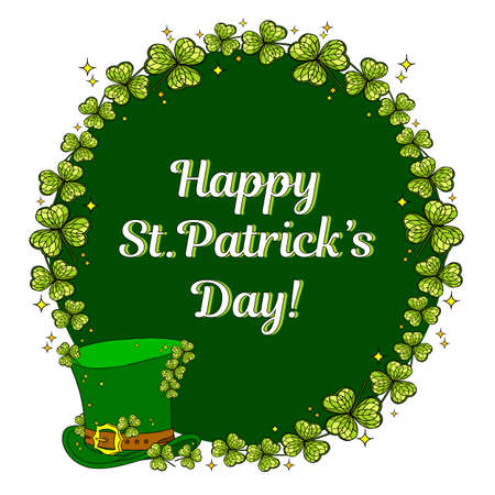 Happy st Patrick day greeting card with leprechaun hat and shamrock. Vector illustration for banner, print.のイラスト素材