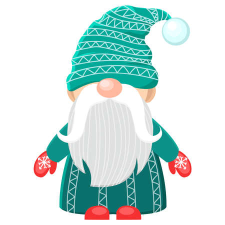 Cute winter scandinavian gnome. Vector holiday illustration for greeting cards, print, sticker, mug, home decor. Dwarf in blue hat and red mittens with beard.のイラスト素材